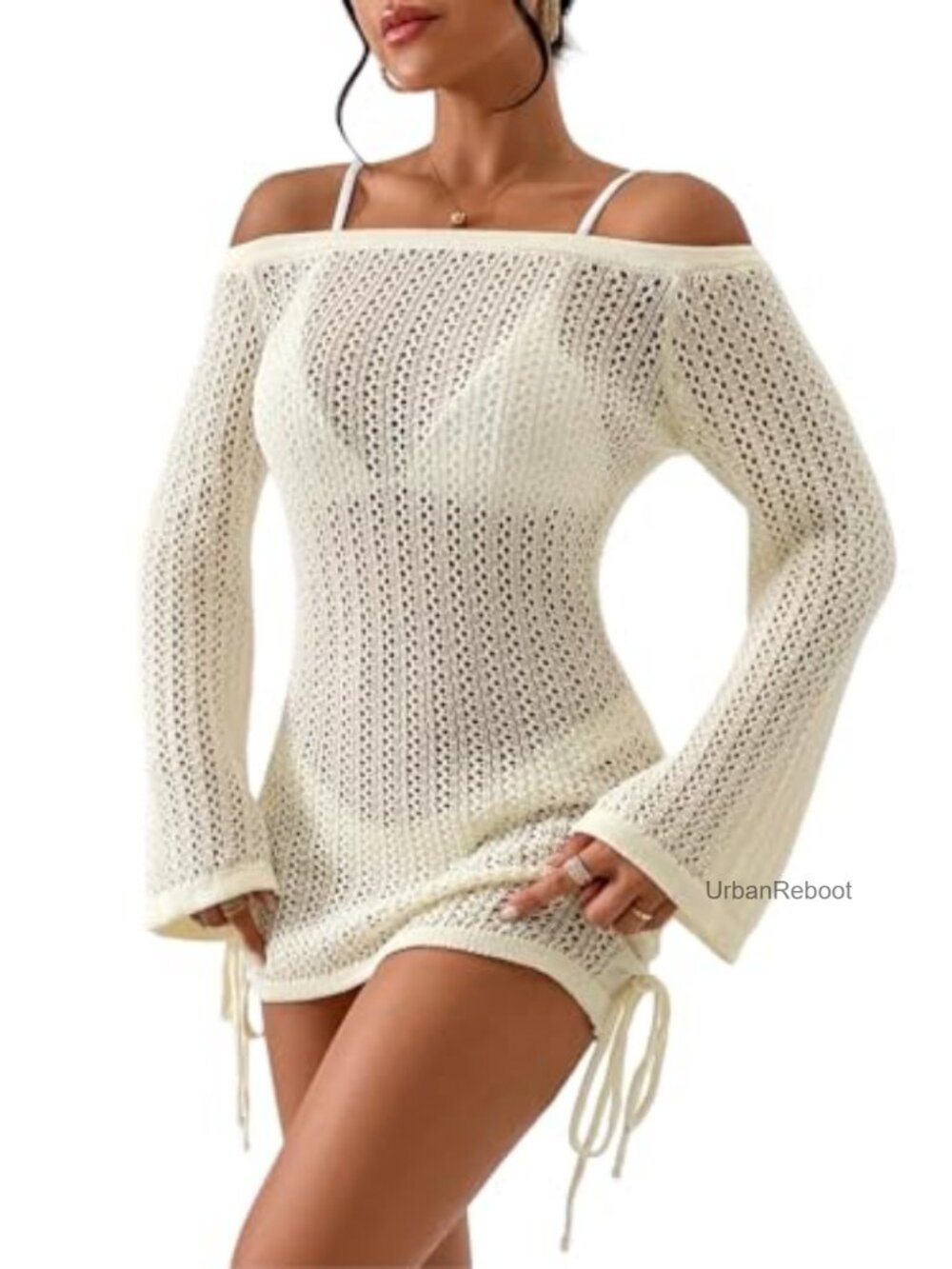 Women's Knit Swim Cover Up Dress Hollow Out Mesh Bikini Coverup